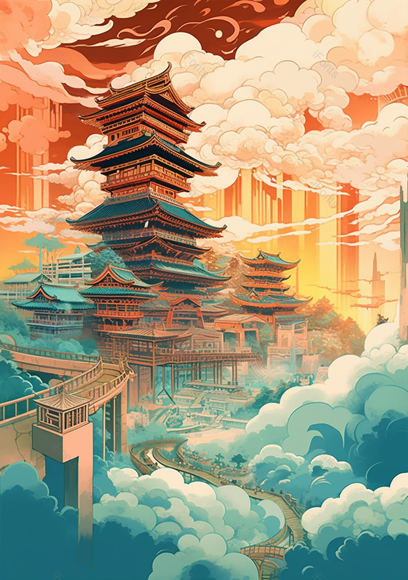 中国未来城市国潮风大厦航拍云景橙色插画,插画/手绘图,插画/手绘图库,插画/手绘图下载,插画/手绘